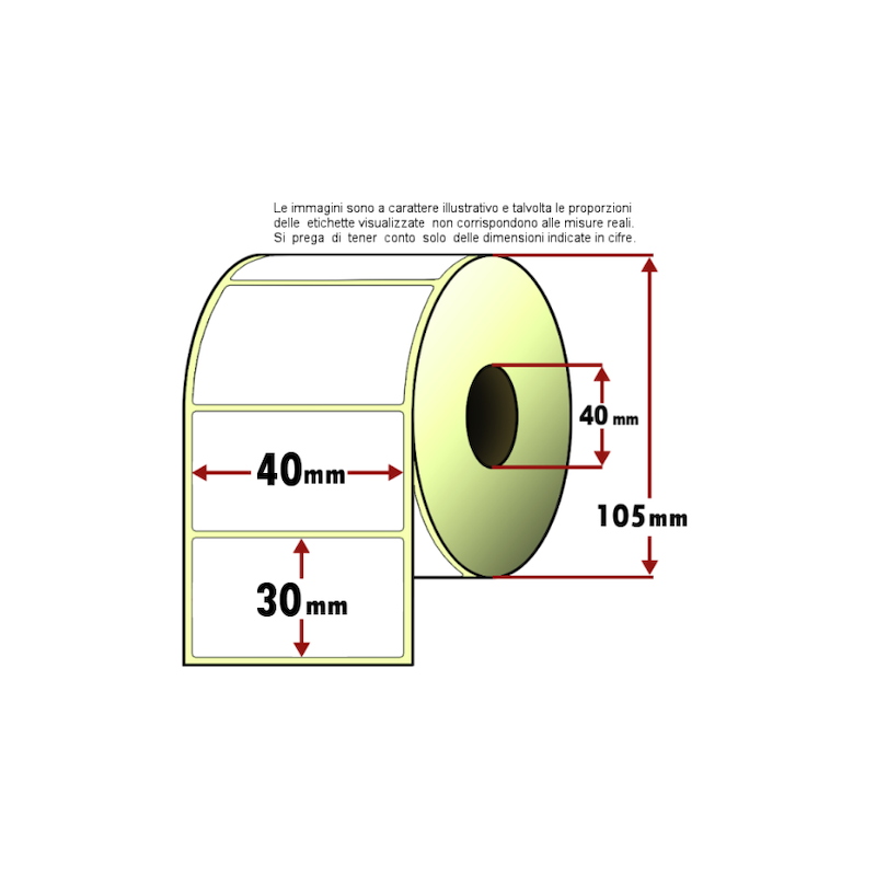 Rotolo da 1800 etichette adesive mm 40x30 Termiche 1 pista anima 40